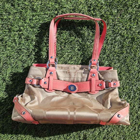 Coach Signature Canvas Shoulder Purse Satchel Neon Coral **WITH Coach Dust Bag** - Picture 5 of 16